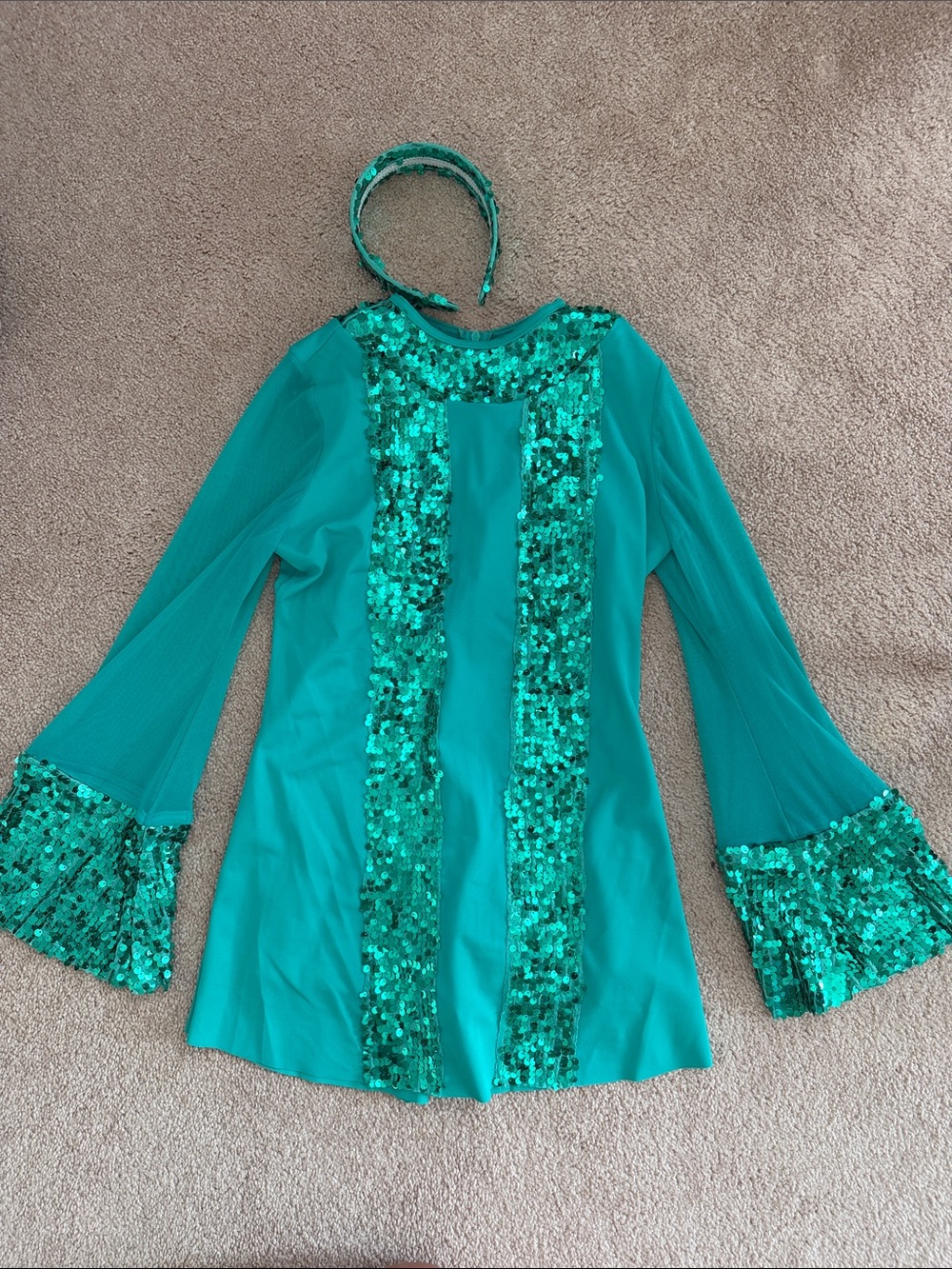 Weissman MC medium child - Teal Sequin Long Sleeve dance costume with Headband
